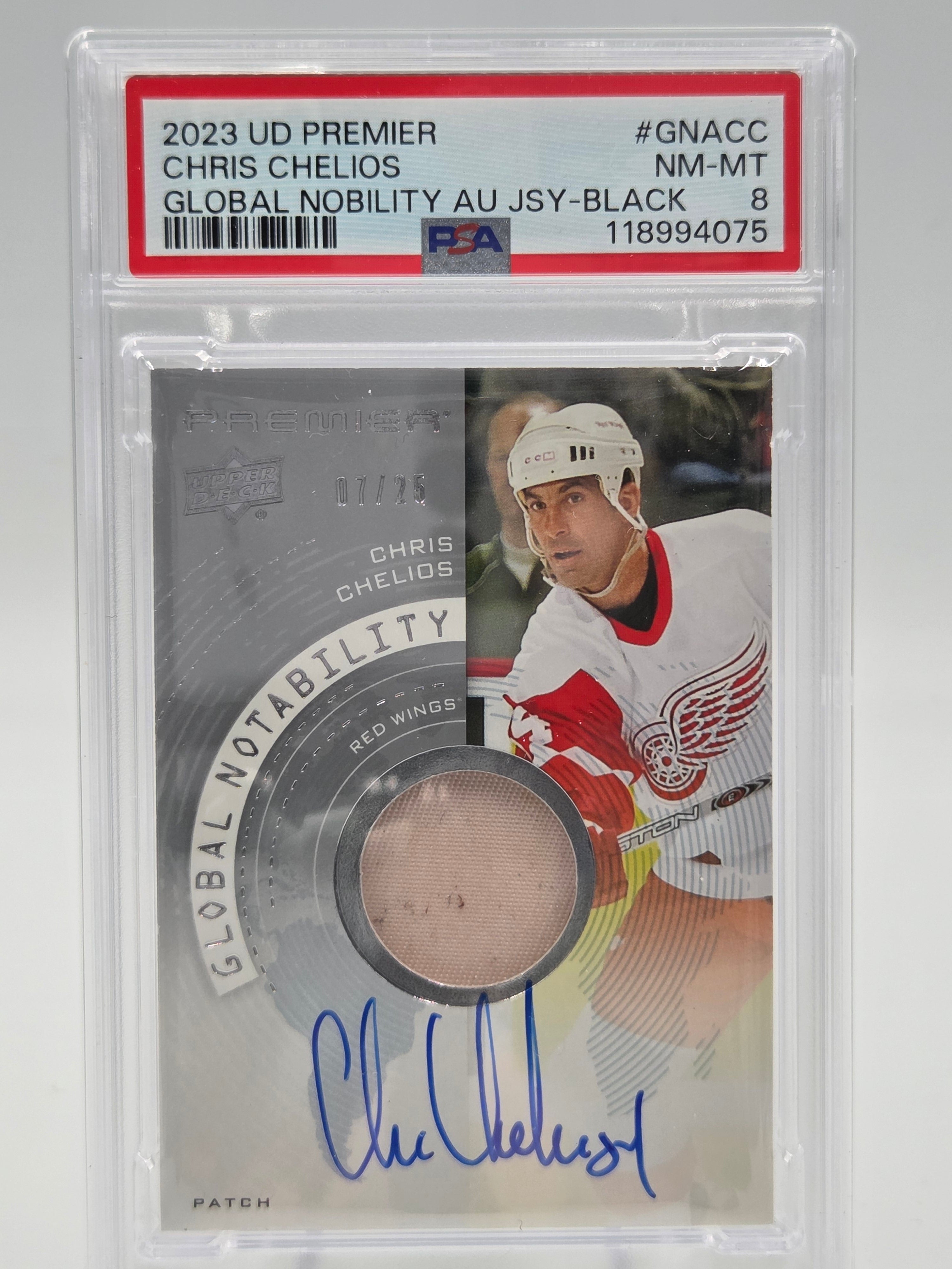 2023 Upper Deck Premier Chris Chelios Global Notability Patch Auto #07/25 PSA 8
