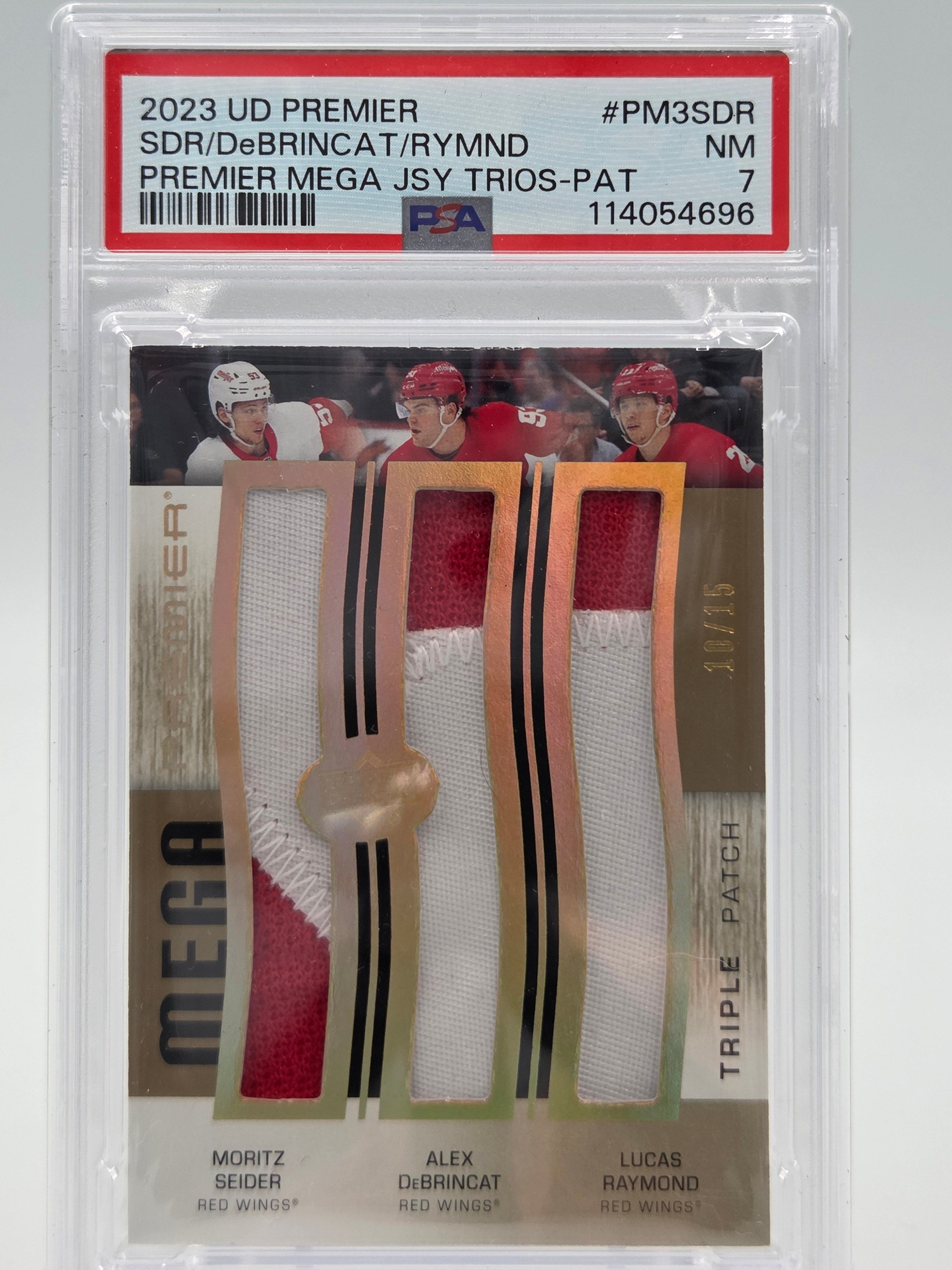 2023 Upper Deck Premier Seider/DeBrincat/Raymond Triple Mega Patch #10/15 PSA 7