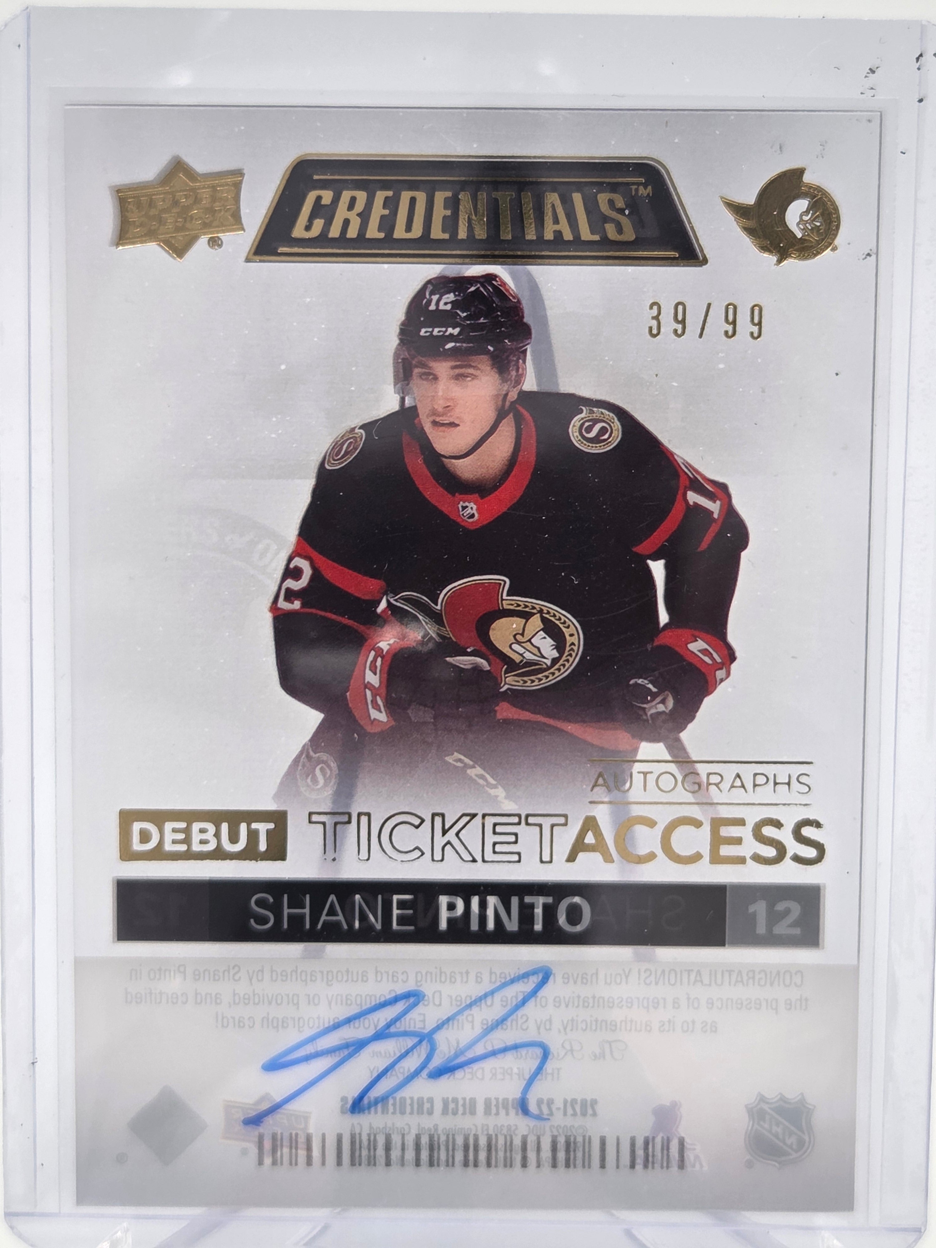 2021-22 Upper Deck Credentials Shane Pinto Debut Ticket Access Acetate Auto RC #39/99