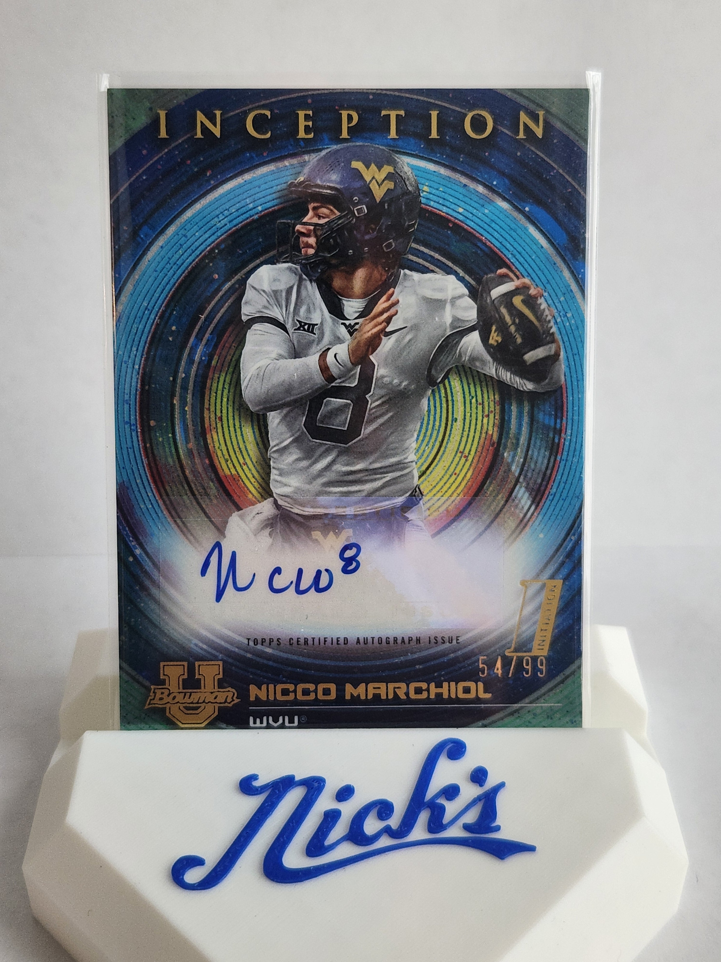2022 Bowman Inception Nicco Marchiol Blue Foil Color Match Auto #54/99 RC WVU QB
