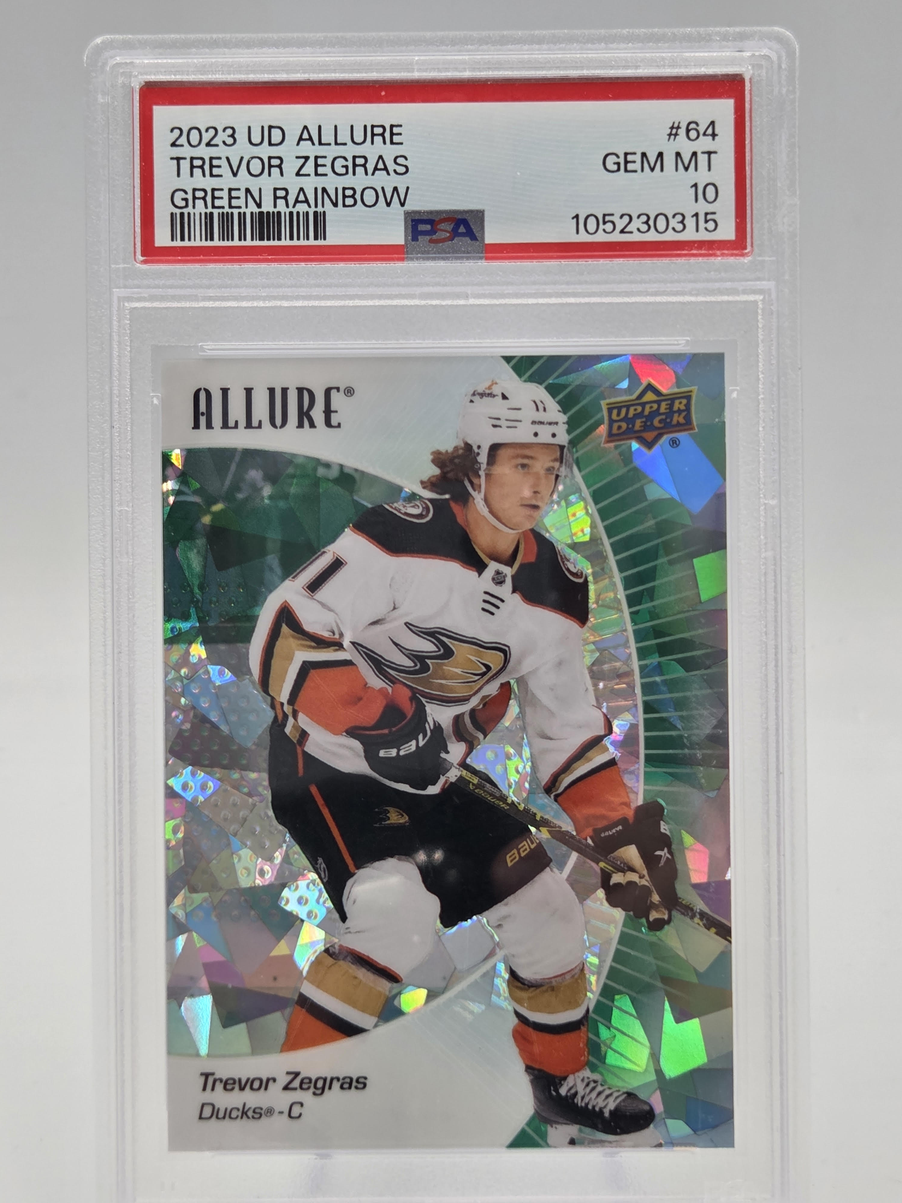 2023 Upper Deck Allure Trevor Zegras Green Rainbow #92/99 PSA 10